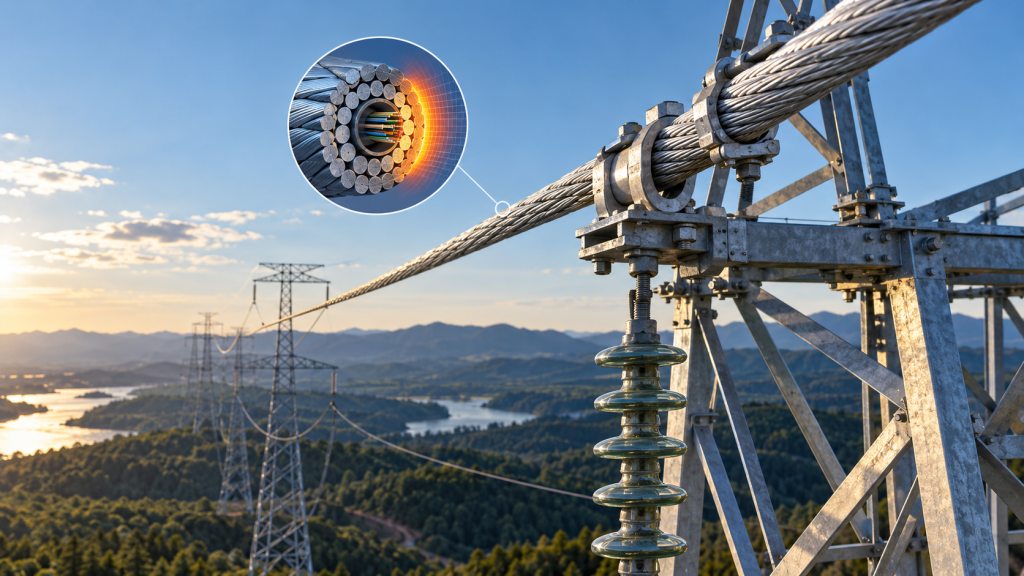 OPGW conductor on a high-voltage transmission tower with a thermal-design cross-section detail