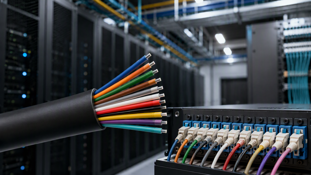 12-core indoor breakout fiber cable with 12-port patch panel in a data center backbone