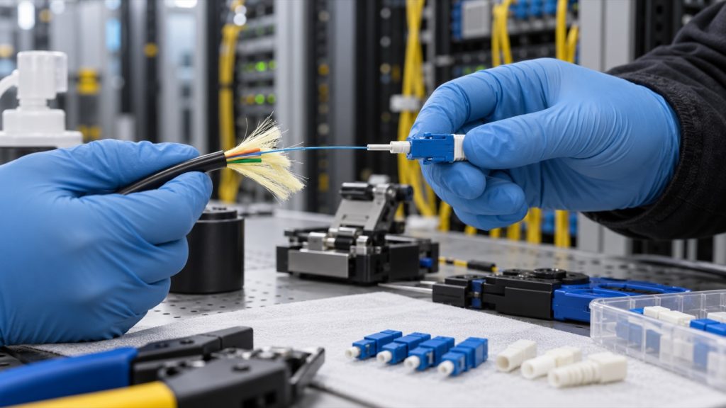 Technician directly connectorizing a 900 micrometer tight-buffered optical fiber
