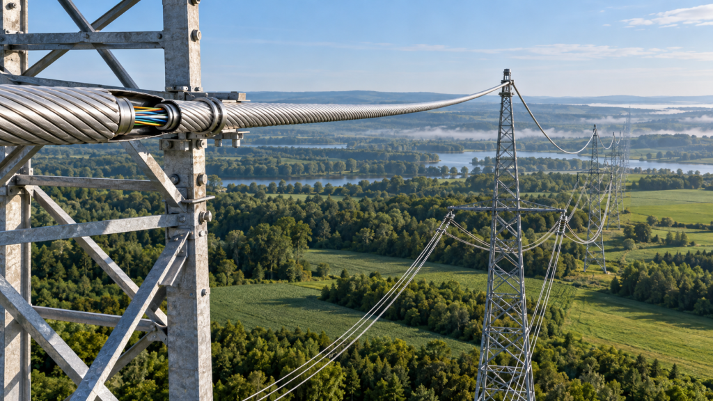 OPGW cable on a high-voltage transmission corridor with surrounding green landscape