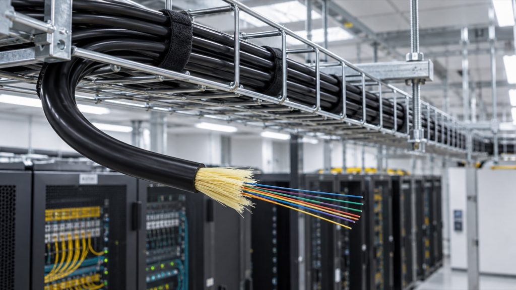 Non-metallic indoor fiber optic cable routed through a cable tray in an equipment room