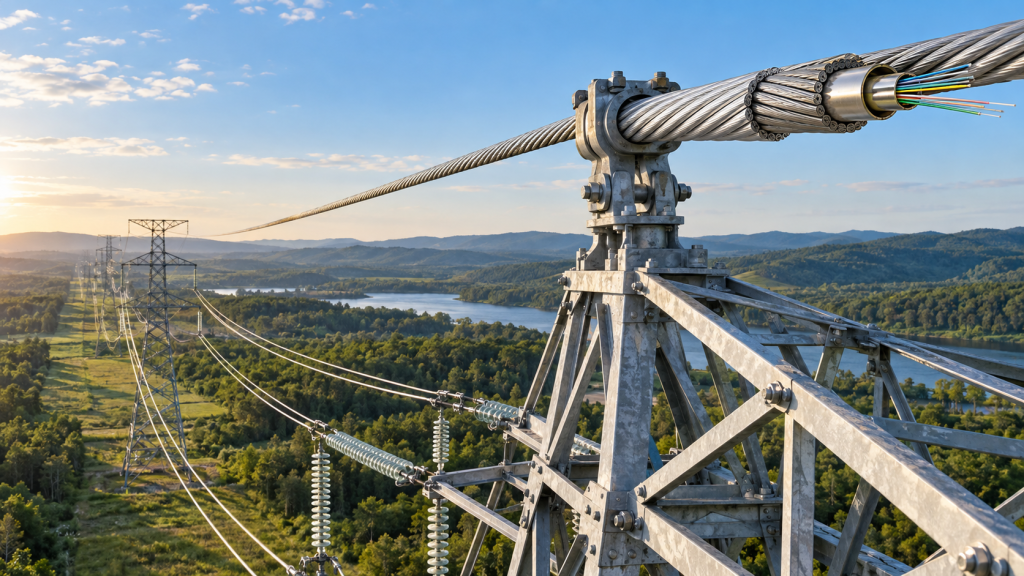OPGW cable installed at the top of a high-voltage transmission tower with fiber-optic cutaway detail